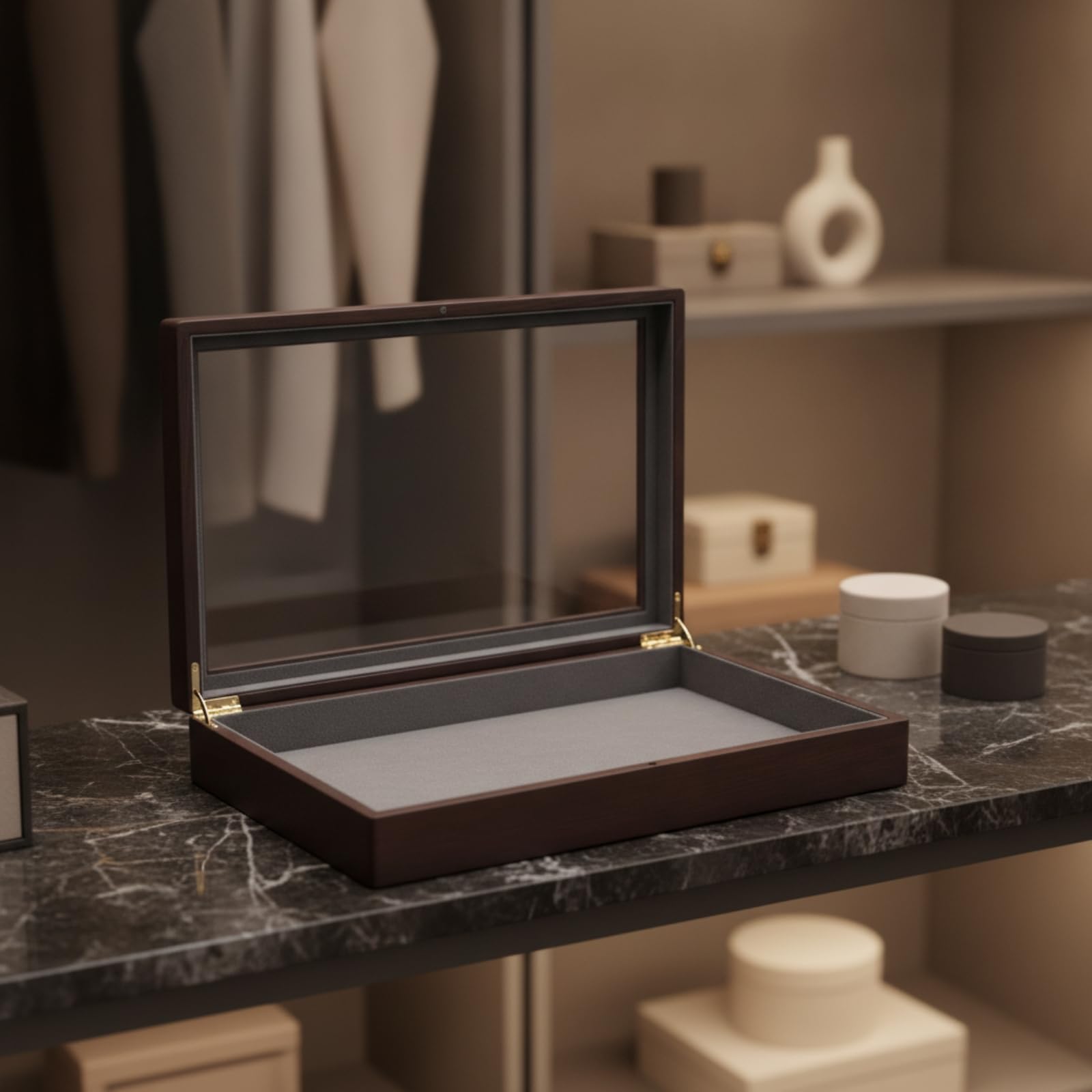Gralara Portagioielli con Divisori, Grigio Scuro, Design Elegante Con Coperchio In Vetro