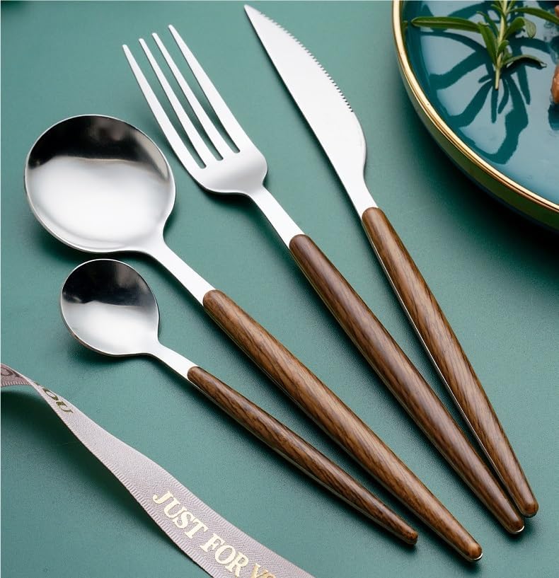 Silverware Flatware Cutlery Set, 4/16/24/32/40/48 Pieces Portuguese Imitation Wooden Handle Stainless Steel Tableware Wood Grain Knife, Fork And Spoon Set Steak Knife, Fork And Coffee Spoon