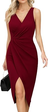 Missufe Womens Sleeveless V Neck Wrap Ruched Bodycon Party Cocktail Sheath Slit Midi Dress