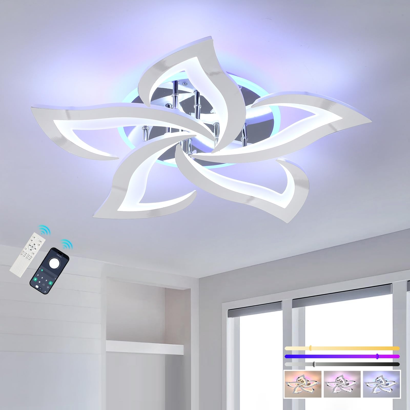 ZAITINZ LED Ceiling Light Dimmable, 50W Flush Ceiling Lights with Remote Control,Petals Chandeliers Ceiling Lamp for Bedroom Living Room Kitchen Game Room,3000-6000k, Chrome