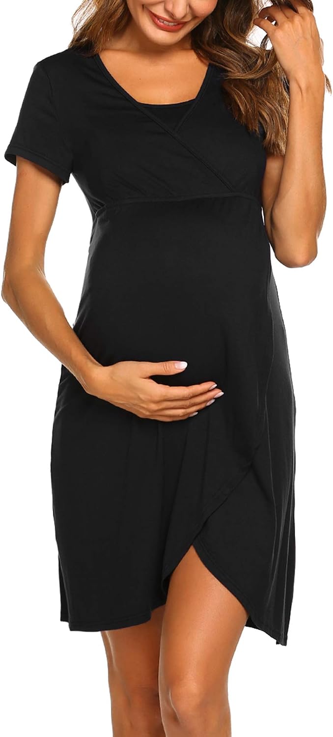 Ekouaer Nursing Nightgown Maternity 3 in 1 Labor Delivery Dress Short Sleeve Breastfeeding Hospital Gown