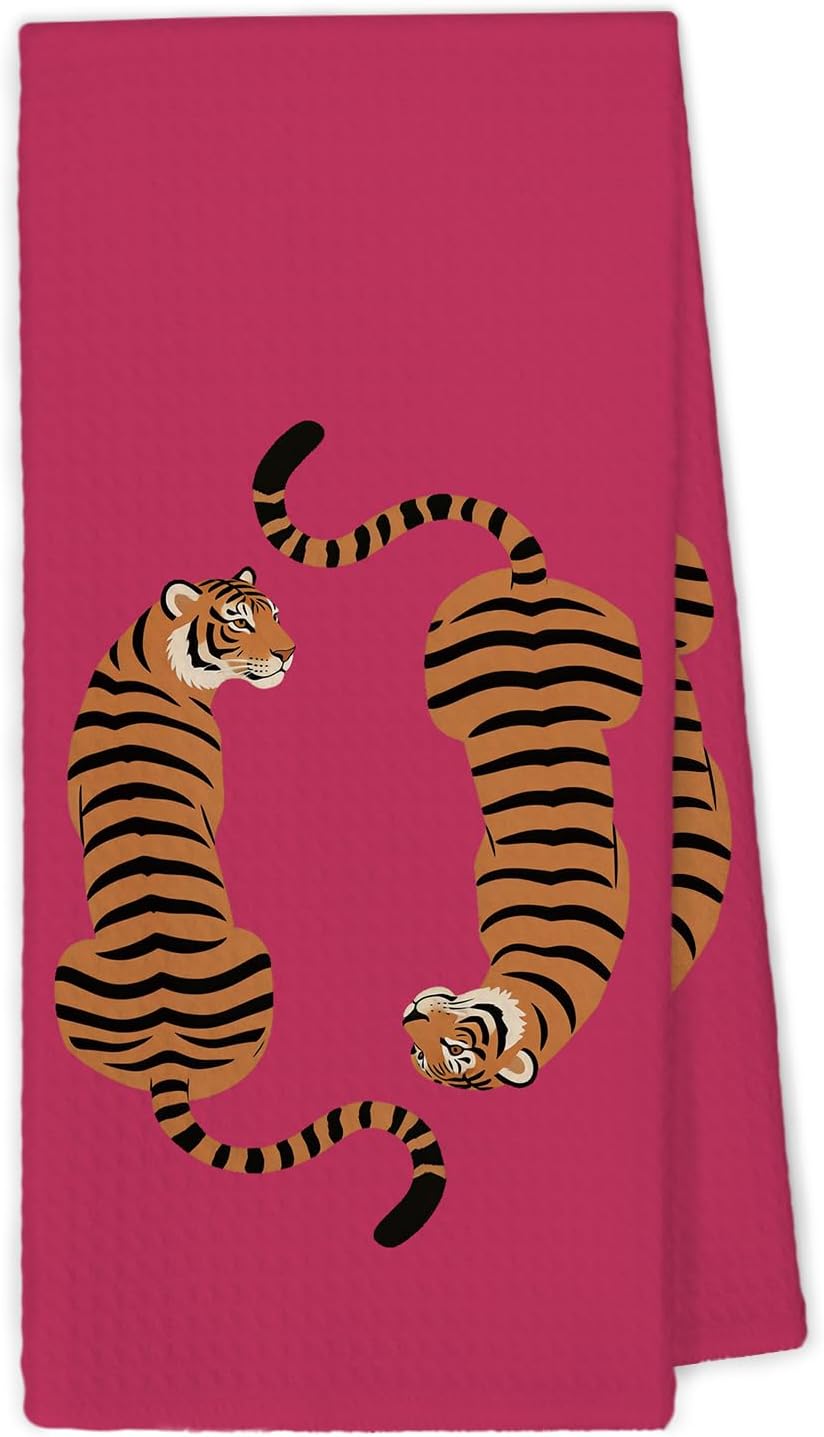 Funky Hot Pink Tiger Kitchen Towels, Preppy Tiger Gifts for Women Teen Girl Dish Hand Tea Towels, Maximalist Animal Decorative Towel for Dorm Bathroom Restroom Decor，16x24Inch
