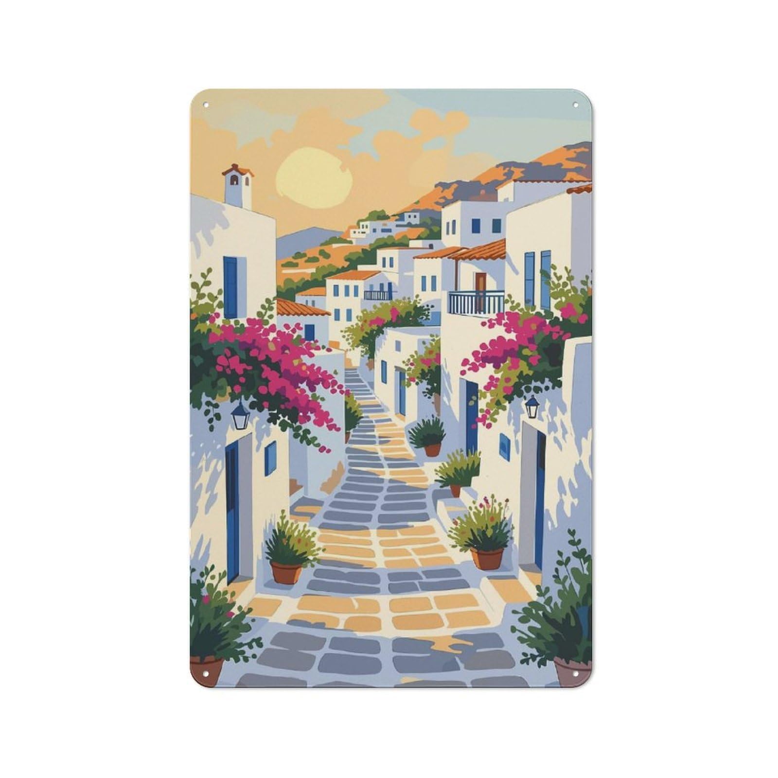 Junmoney Style For Hobby Room Or Studio, Greek Village Street Scene Illustration Rustic Tin Wall Plaque 30X20cm, For Vintage Wall Decor Fans, For Metal Sign Collectors