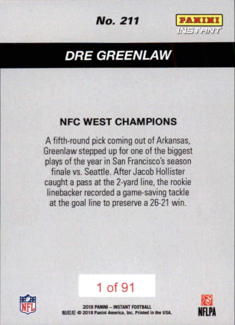2019 Panini Instant Football Playoffs #211 Dre Greenlaw San Francisco 49ers RC Rookie Print Run 91 NFC West Champions Official NFL Trading Card