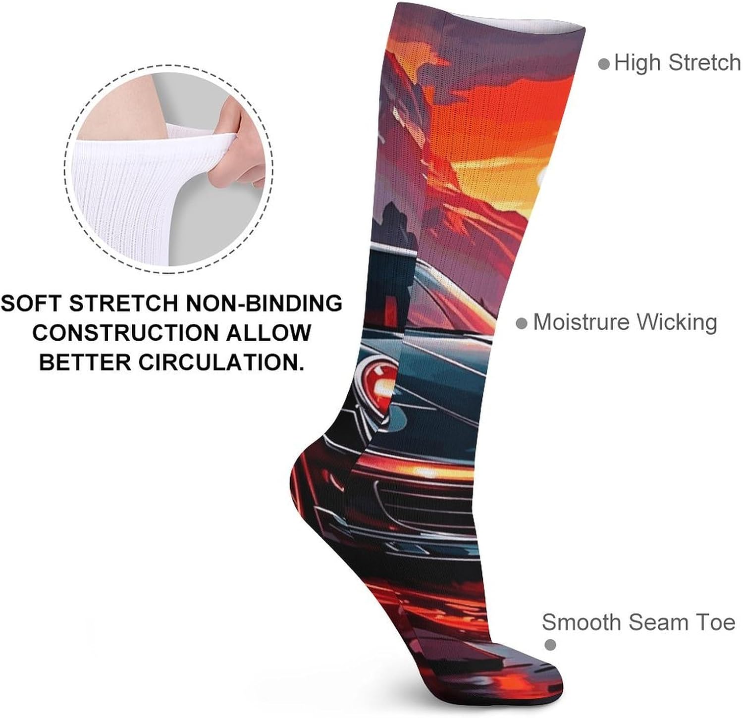 5 Pairs Knee High Socks Sports Car Long Tube Boot Seamless Toe