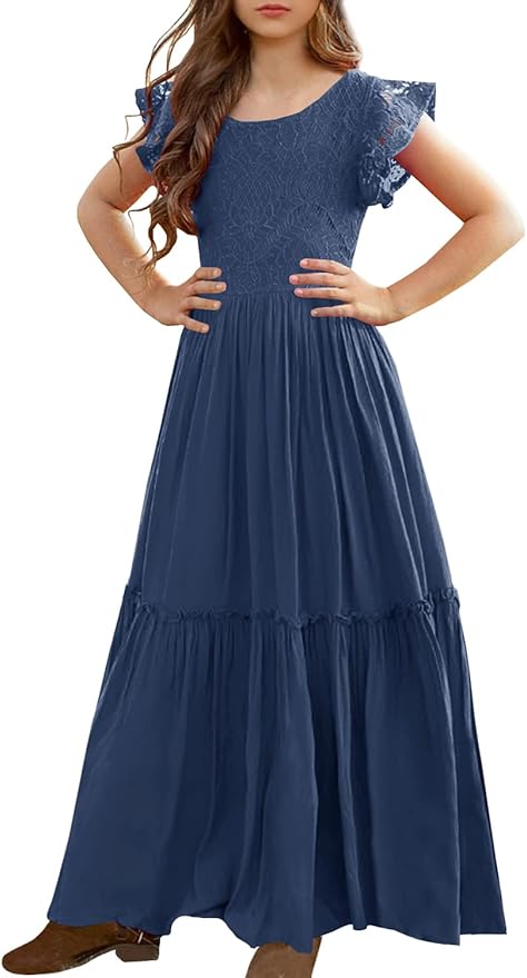 MITILLY Girls Lace Flower Ruffle Sleeve A-Line Swing Wedding Party Maxi Dress with Pockets