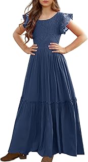 Girls Lace Flower Ruffle Sleeve A-Line Swing Wedding Party Maxi Dress with Pockets - Buy now