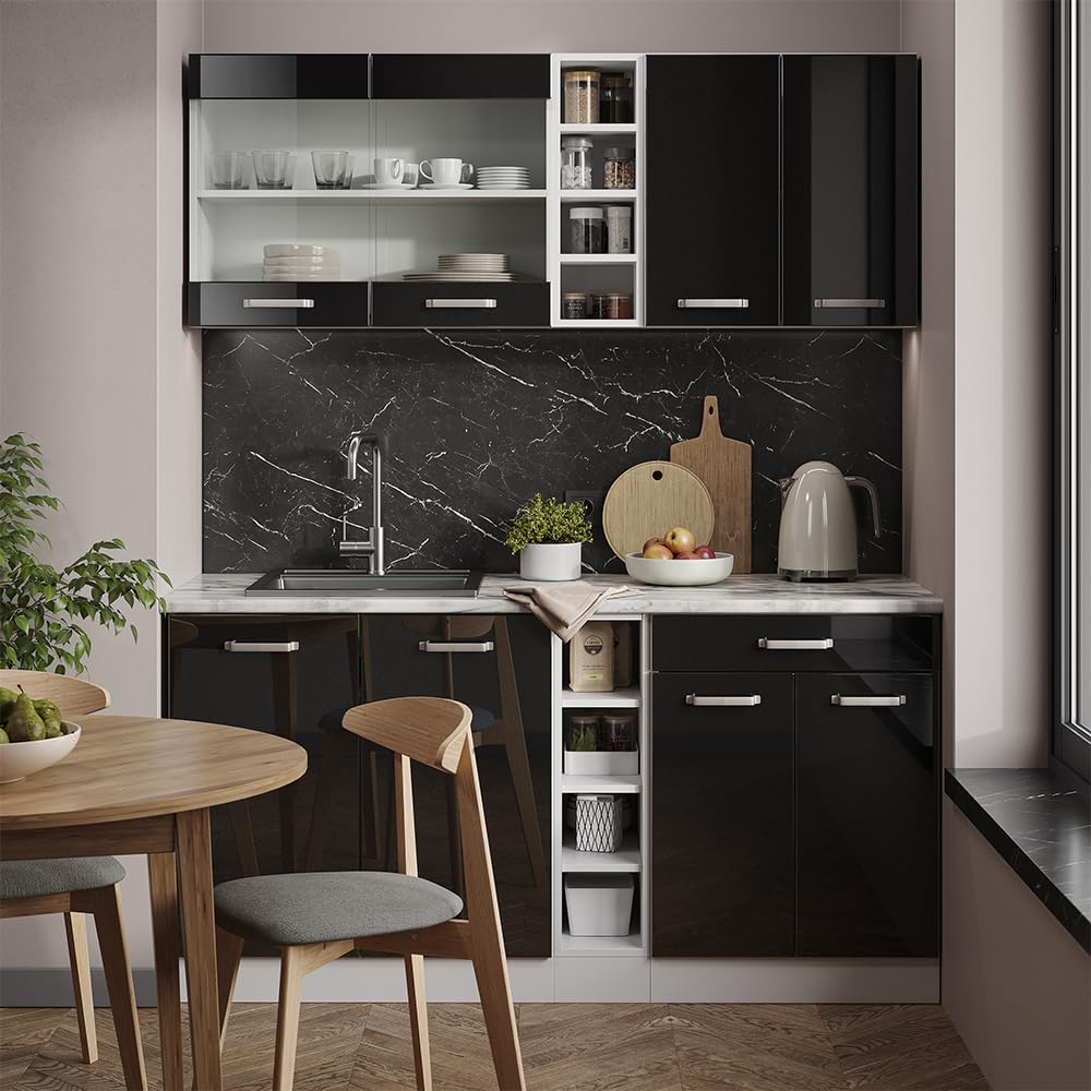 Vicco Cucina completa R-Line, Nero lucido/bianco, 160 cm