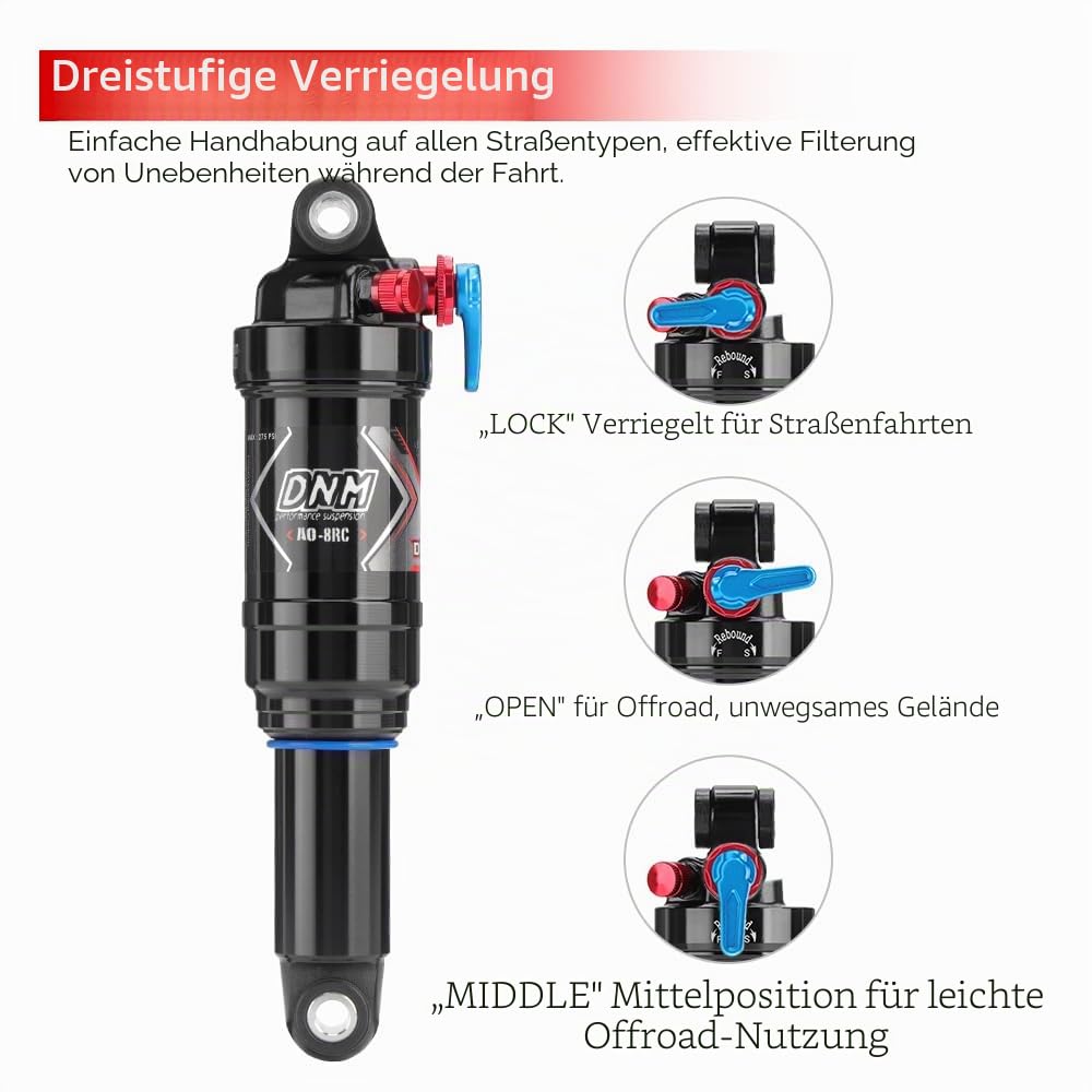 AO-8RC DNM Mtb Hinterrad-Stoßdämpfer für Mountainbike Luft-Hinterrad-Stoßdämpfer mit Lock Out - Einstellbarer Luftdruck - Dämpfungseinstellung (190 x 50 mm (7,48" x 1,97"))