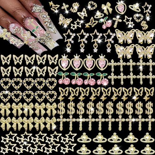 KACHIMOO 106 PCS Nail Charms Gold Nail Charms 3D Cherry Butterfly Cross Bow Star Heart Dollar 3D Nail Gems for Women Nail Art DIY Design