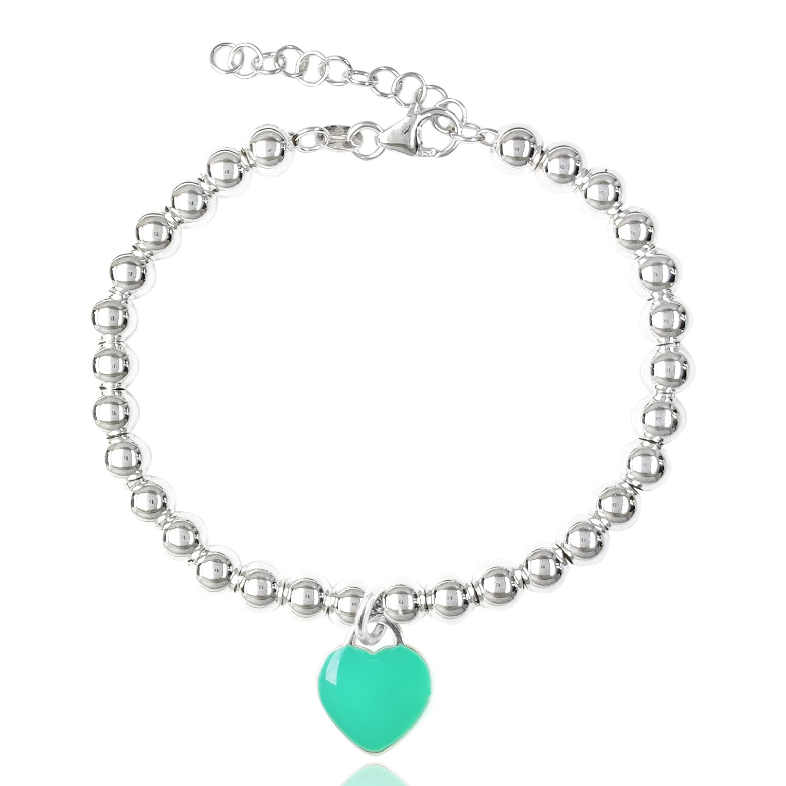 ViMon gioielli| Bracciale a Palline grandi 4mm,in Argento vero 925 con ciondolo Cuore smaltato Colorato azzurro turchese