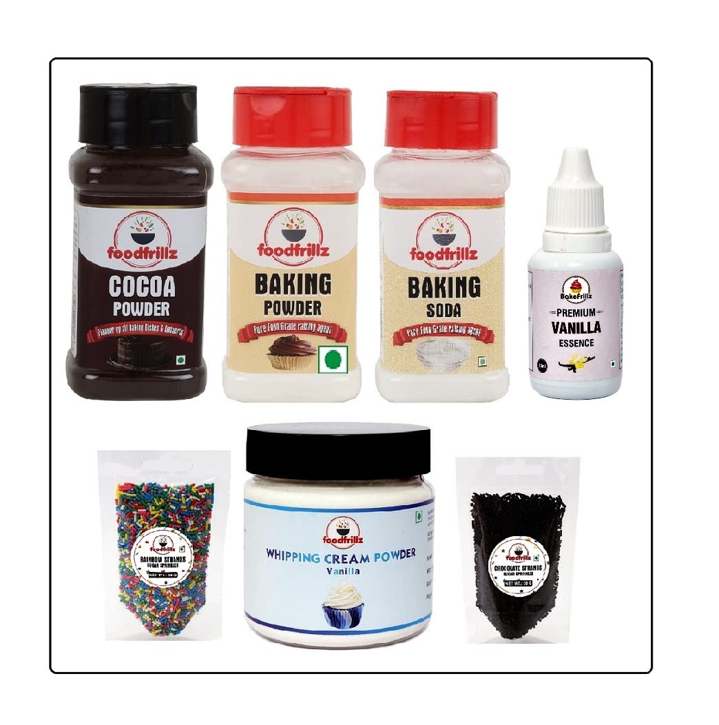 foodfrillz Combo of 7 Baking Essential Ingredients (Cocoa+Baking Powder+soda+Vanilla Essence+Whipping Cream Powder+Rainbow & Chocolate Sprinkles) (B09QZSMZV4) Amazon Price History, Amazon Price Tracker
