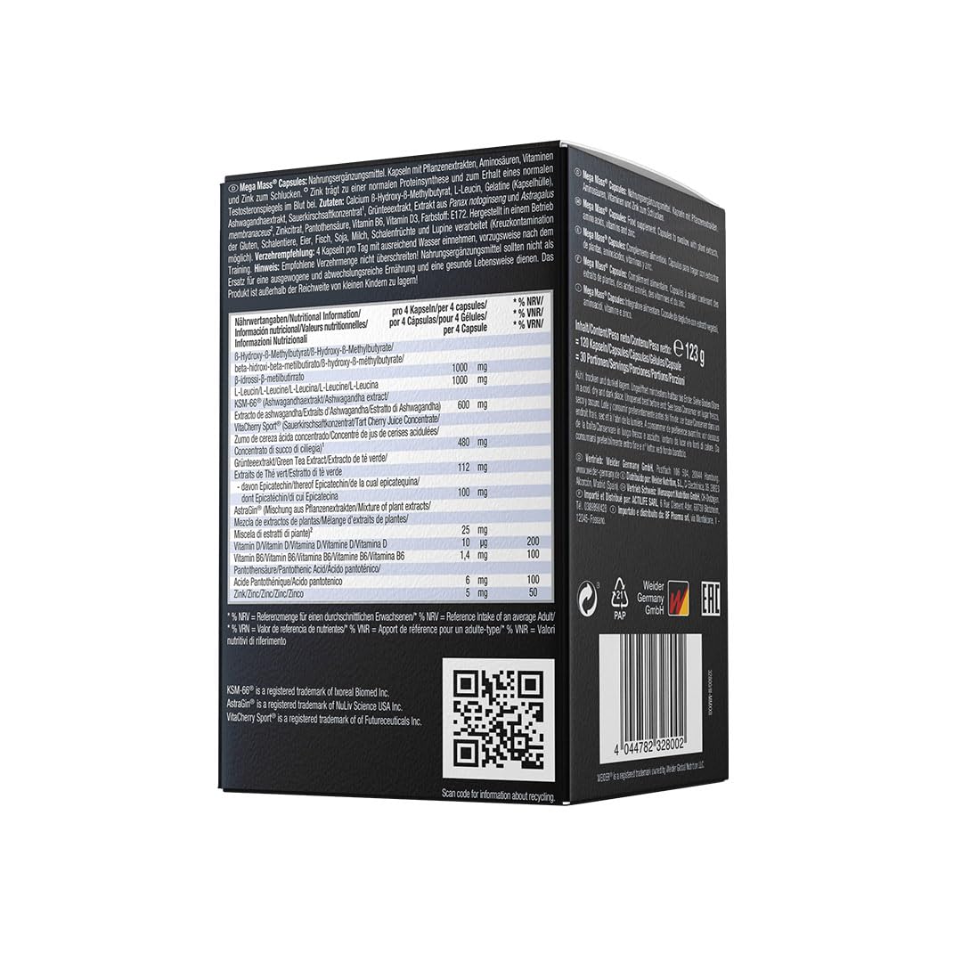 Weider - Mega Mass Caps - Synergetische Nährstoffkombination - Unterstützung von normaler Proteinsynthese und Muskelfunktion - After Workout - Mit Zink und Vitamin D - 120 Kapseln