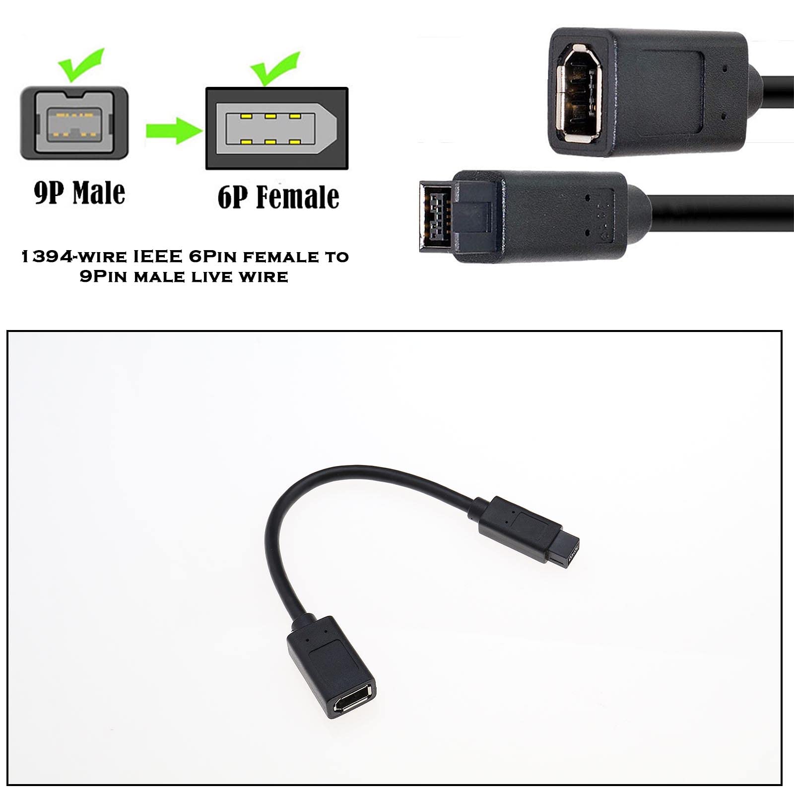 ECSiNG Cavo IEEE 1394 6 Pin Femmina A 1394 9 Pin Maschio Firewire Da 400 A 800 Cavo Convertitore Adattatore Trasferimento Dati Compatibile Con MacBook Pro 22 Cm Nero