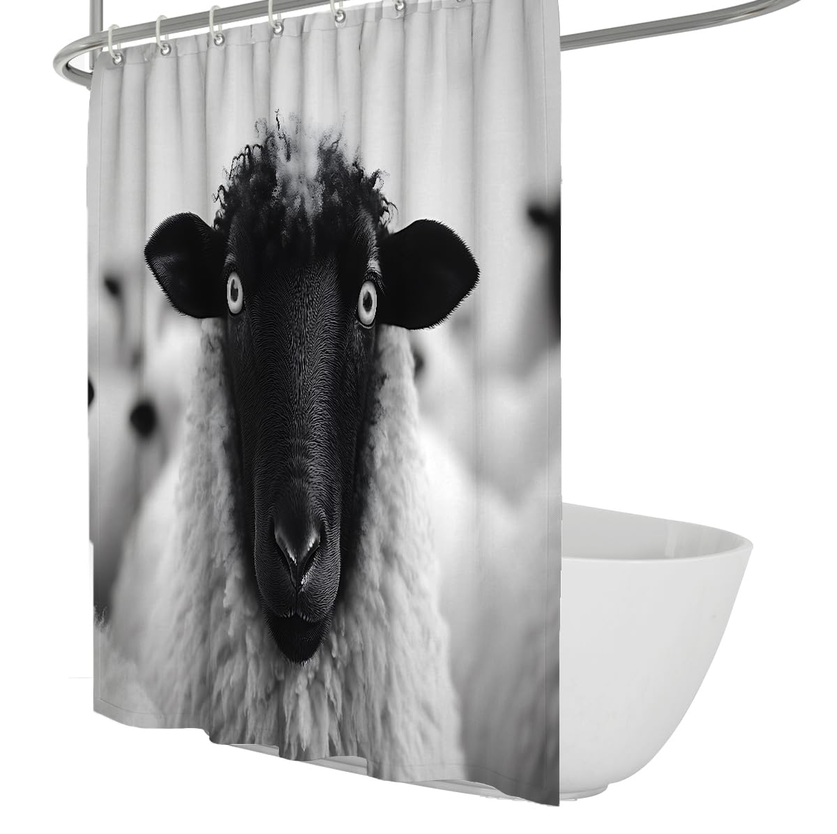 Schwarz-Weiß-Schaf-Duschvorhang Bauernhof-Tier-Badewannen-Vorhänge mit Haken rustikal Badezimmer-Duschvorhang Minimalistische Land-Wohneinrichtung W200xL200 cm