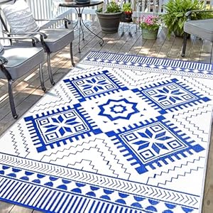 Waterproof Outdoor Rug 6x9ft, Boho Reversible Plastic Straw Mat for Patio RV Deck Porch Backyard Balcony Camping Picnic Beach Indoor Outdoor Carpet, Blue&White