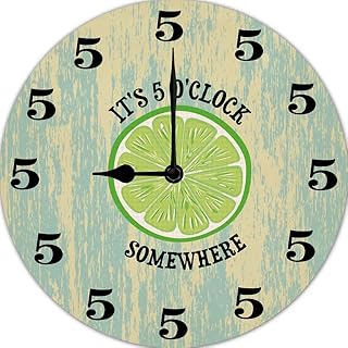 Wall Clock for Beach House It’S 5 O’Clock Somewhere Funny Wall Clock Lemon Print Round Clock Farmhouse Wall Clock 10" Battery Operated Silen Wooden Clock for Bedroom Kitchen Garage