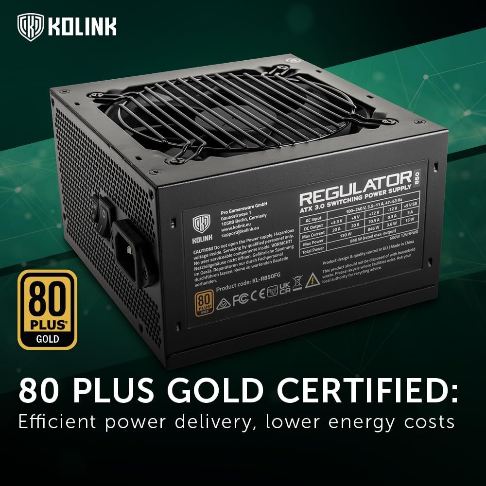 Kolink Zasilacz serii REGULATOR, 80 PLUS Gold, ATX 3.0, w pełni modułowy, PCIe 5.0, 12VHPWR, 100% Japońskie kondensatory, 140mm, 850W