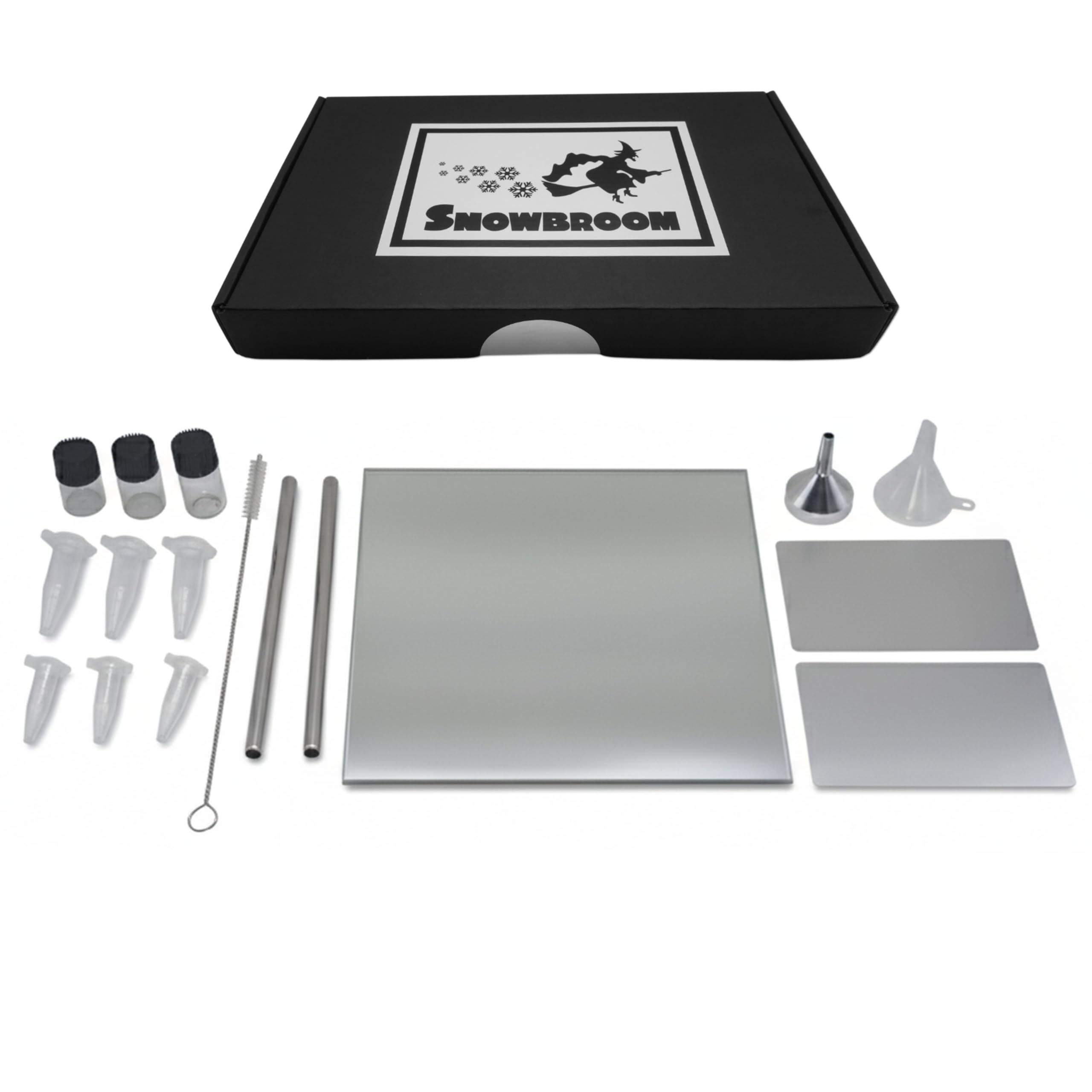 Schnief und Sniffer Set mit Spiegel 2 x Silber Metall-Ziehröhrchen Glasfläschchen 2 x Metallkarten Trichter – Zubehör für Portionierung & Transport