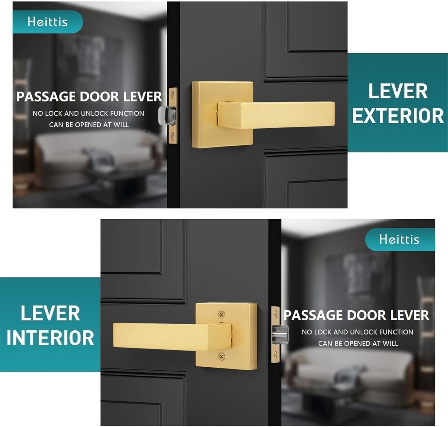 4 Pack Passage Heavy Golden Door Handles,Left and Right Hand Universal, Stain Brass Square Door Handle for Corridor/Hall/Closet/Wardrobe,Residential/Commercial