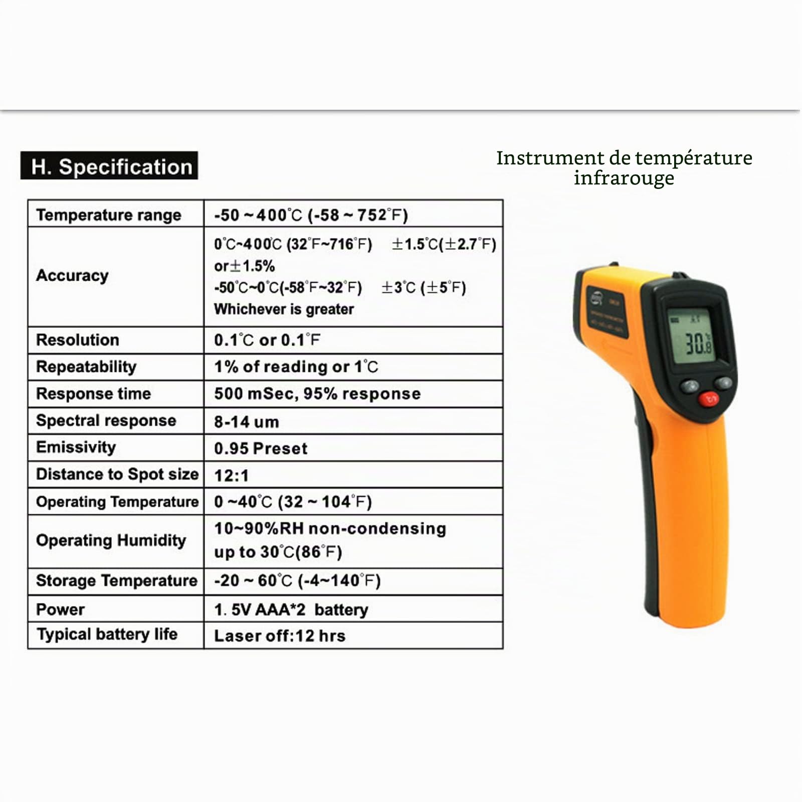 cuisine thermomètre infrarouge à usage industriel, sans contact -50～thermomètre 400°C,pour barbecue/congélateur/réfrigérateur/cuisson au four, pas adapté aux personnes,Sans piles