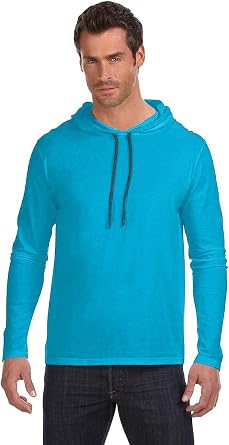 Anvil Lightweight Long-Sleeve Hooded T-Shirt. 987 Caribe Blue / Dark Grey S