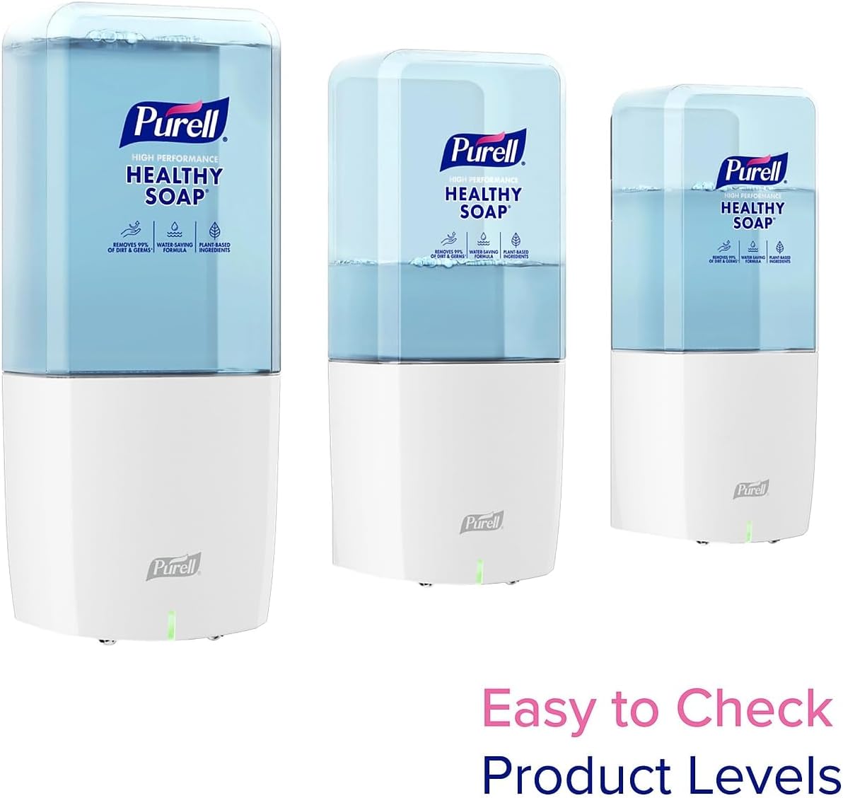 Three PURELL ES10 dispensers side-by-side, showing their transparent soap reservoirs with varying soap levels.