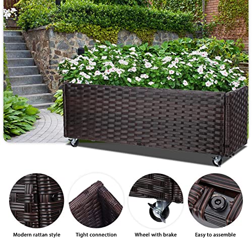 Chonsun Raised Garden Bed With Wheels - Rattan Wicker Elevated Raised Garden Bed Outdoor Raised Planter Box For Vegetables Grass Lawn Yard, 38 X 14.5 X 12 In, Brown #TOP5