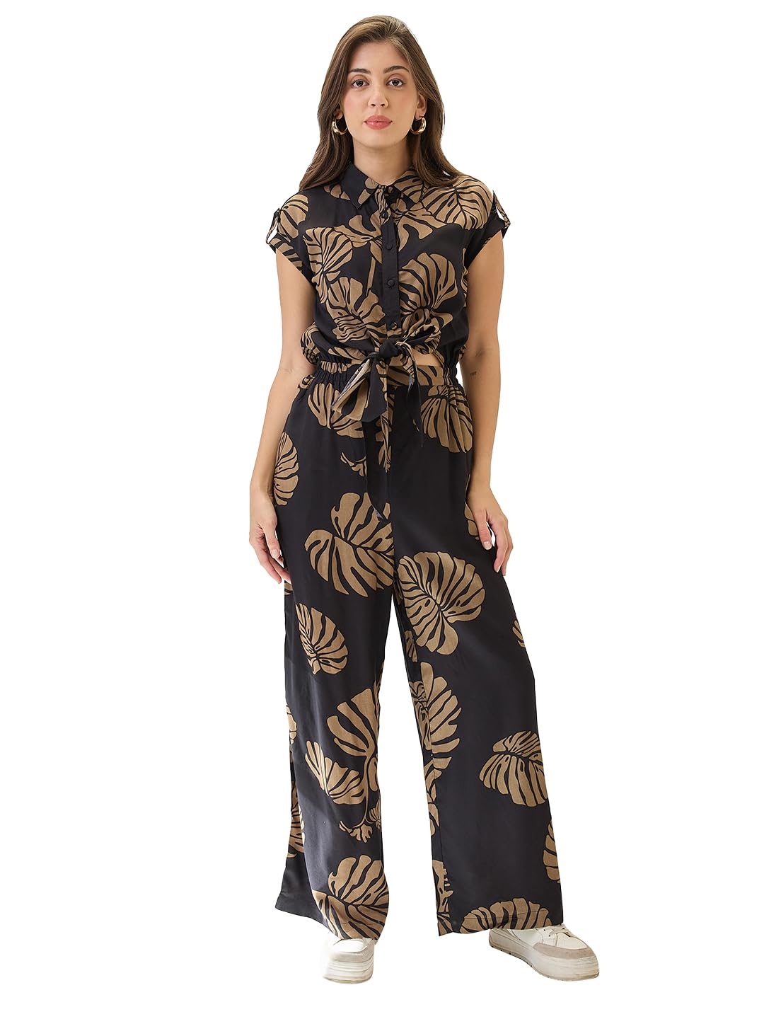 globus Women Shirt Collar Extended Sleeves Tropical Print Cut Out Detail Waist Tie-Up Jumpsuit-picture-29