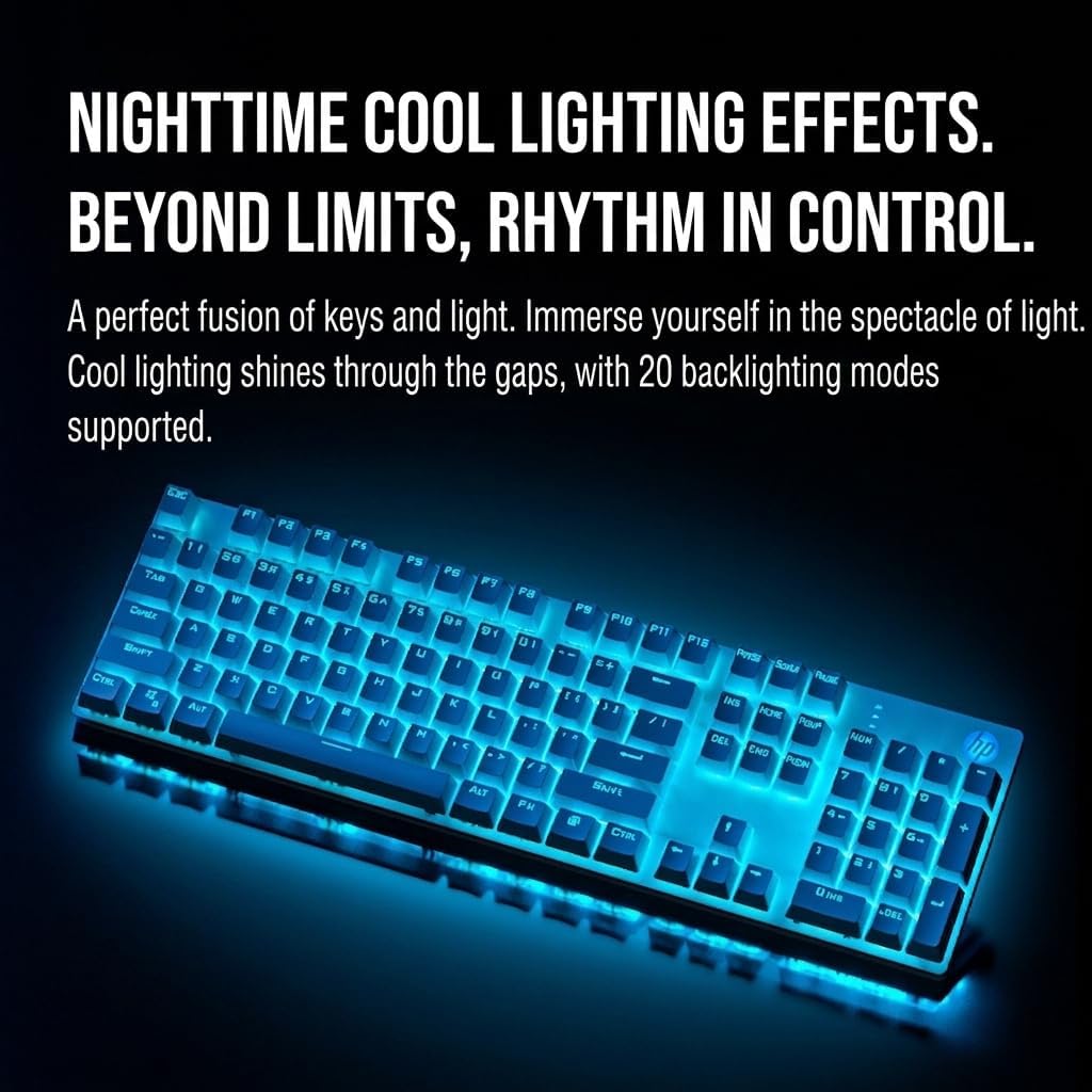 HP Wired Mechanical Keyboard GK400F, 104 Keys Full Size USB Keyboard, Brown Switches, Ice Blue LED Backlit, Anti-Ghosting, Silver & White Keycaps, HP Keyboard for PC Gaming and Office