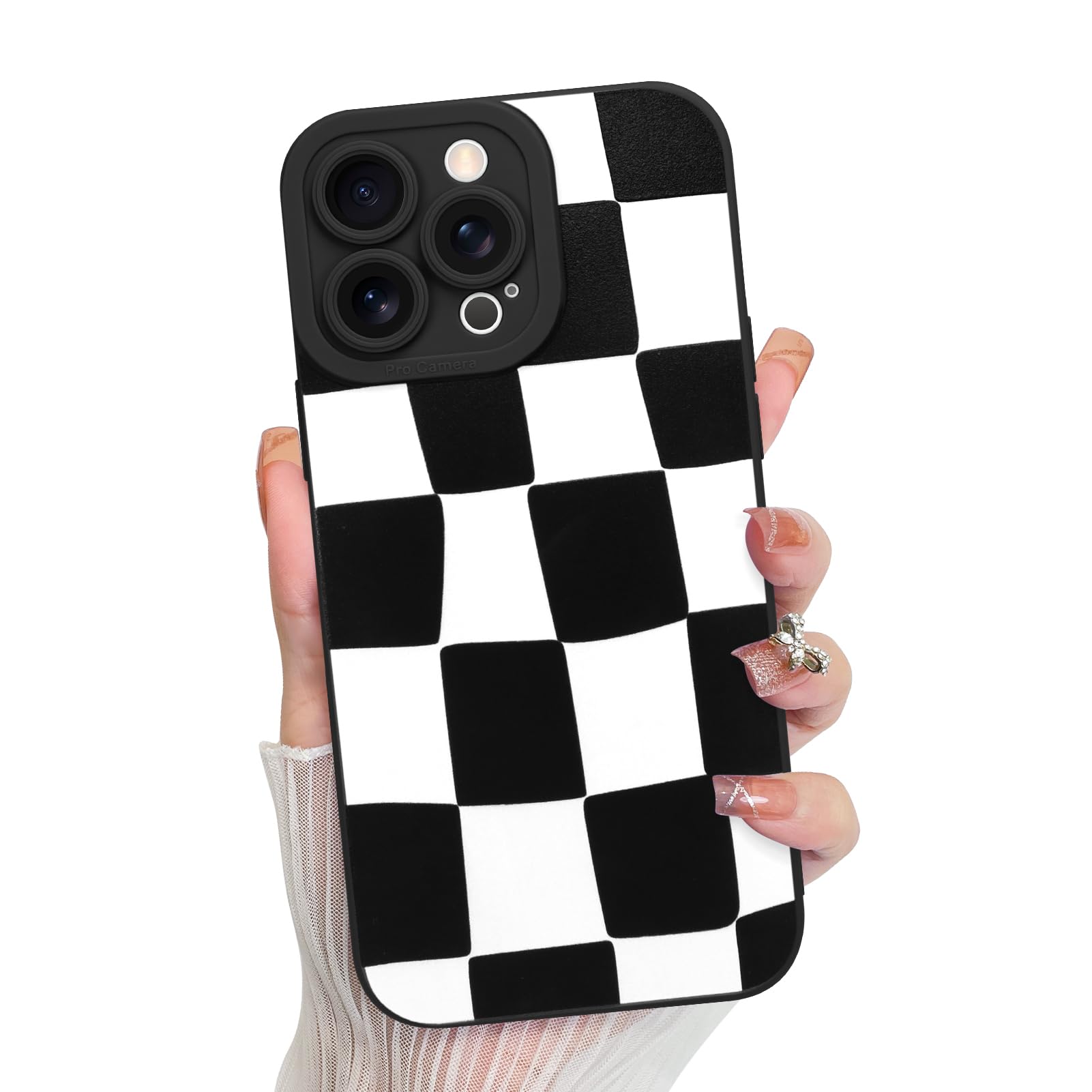 KANGHAR Compatible with iPhone 13 Pro Max Case, Silicone Checkered Cute Pattern, Camera Protection Soft Slim Phone Case for Girls Women -Black and