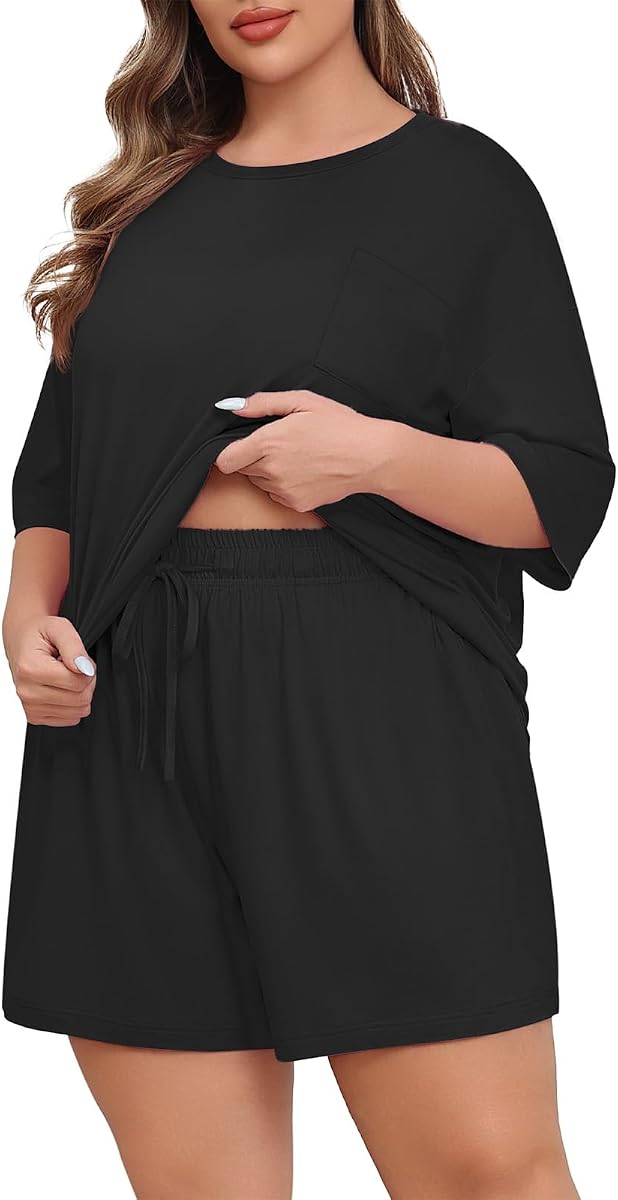 Womens Plus Size Pajama Set 2 Piece Soft Short Sleeve with Pockets Summer Shorts Sleepwear Knit Pjs Lounge Set
