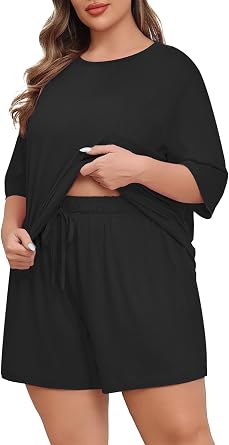 Lastshe Womens Plus Size Pajama Set 2 Piece Soft Short Sleeve with Pockets Summer Shorts Sleepwear Knit Pjs Lounge Set