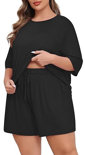 Lastshe Womens Plus Size Pajama Set 2 Piece Soft Short Sleeve with Pockets Shorts Sleepwear Knit Pjs Lounge Set Sweatsuits - 01 Black - 4X
