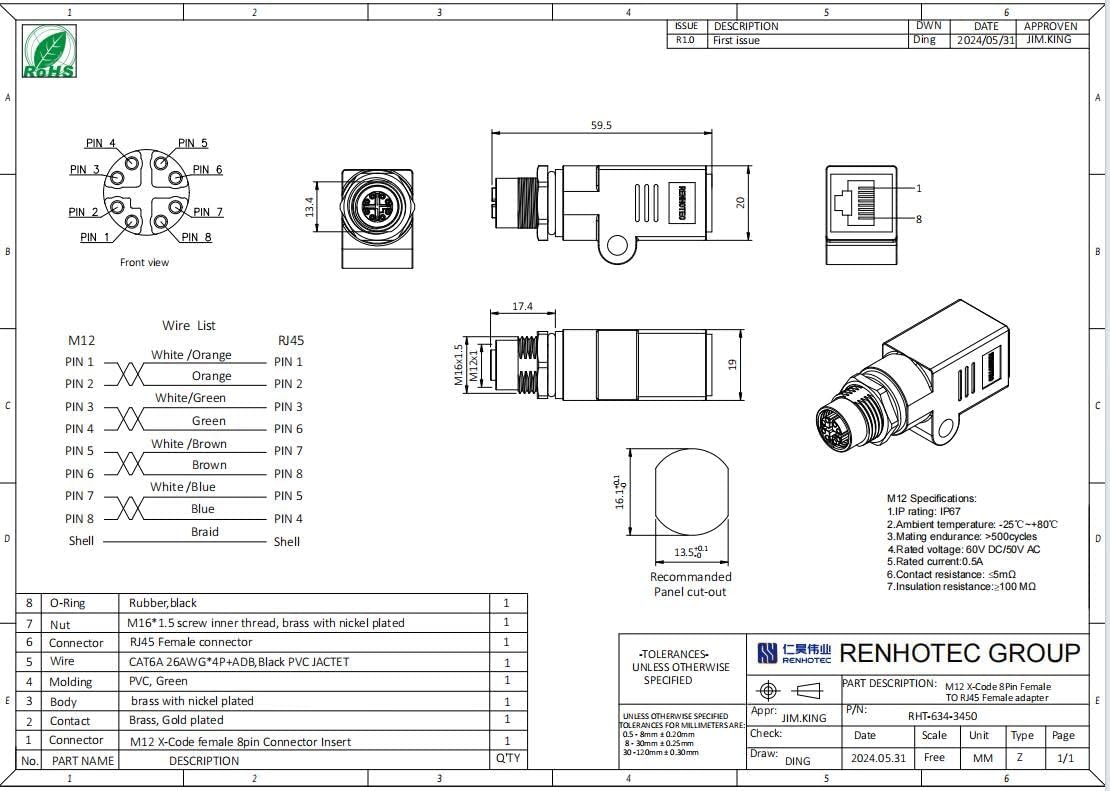 Elecbee M12 to RJ45 Bulkhead Adapter, 8 Pin to RJ45 Ethernet Cable Adapter, Waterproof, Straight, Green