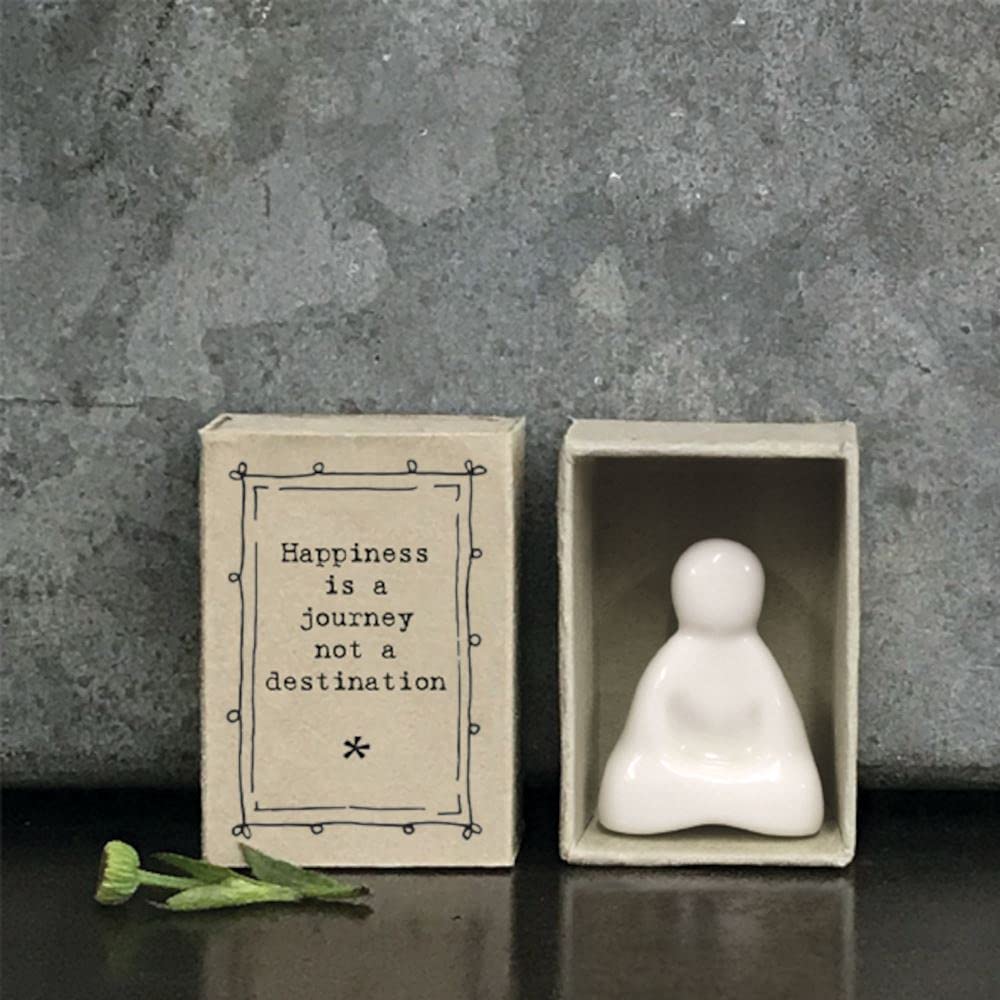 East of India Porcelain Matchbox Buddha Sentimental Happiness Ornament Gift | Happiness Is A Journey Not A Destination, White