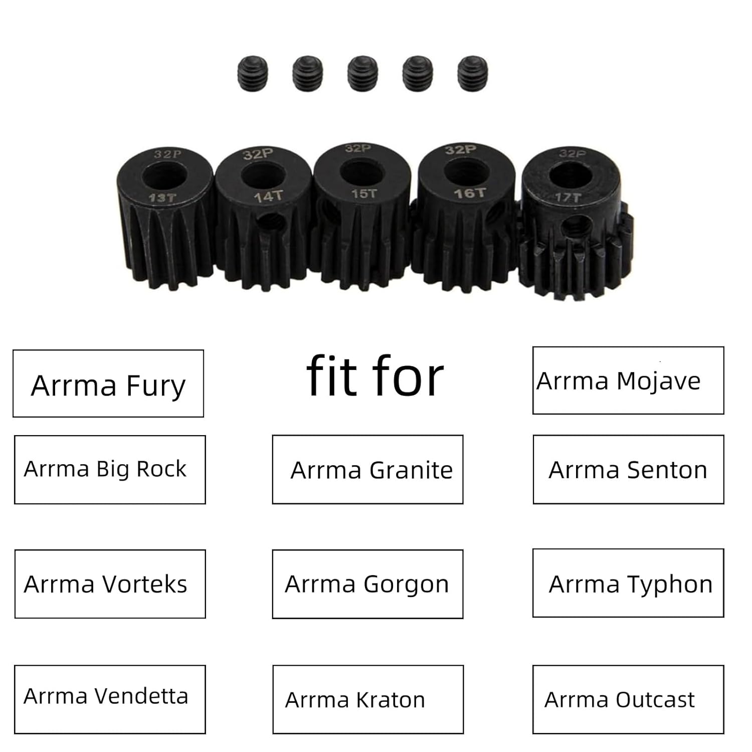 32P 5mm Rc Pinion Gear Set 13T 14T 15T 16T 17T for 1/10 Arrma Big Rock Granite Senton Vorteks Gorgon Typhon Vendetta 3S Kraton Outcast Fury 1/8 Mojave 4S