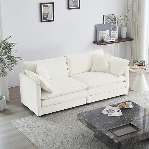 76.7" Modern Fabric Loveseat Sofa, Modern Minimalist Style Modular Sofa Couch with Pillows, Upholstered Large Size Deep Seat 2-Seat Sofa for Living Room,White