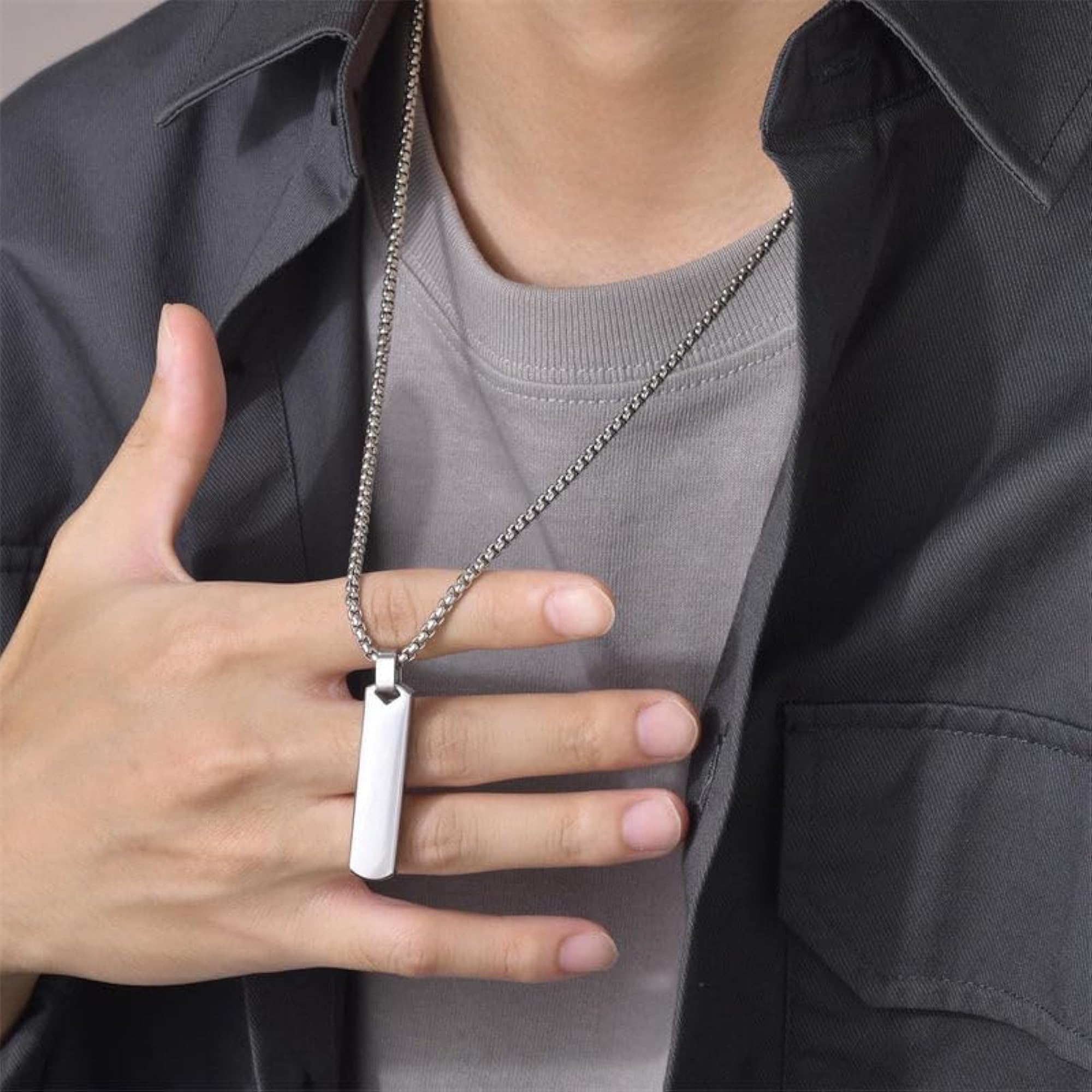 Men's Anti Tarnish Silver Chain with Bar Pendant Locket Necklace