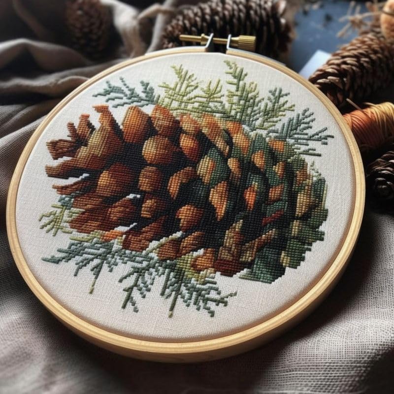 Image of Counted Easy Cross Stitch Kits Pinecone Color Stamped Embroidery for Starter Kits DIY 11CT Stamped Patterns Embroidery Needlework Kit Supplies 12 Inch Hoop Included(127-P)