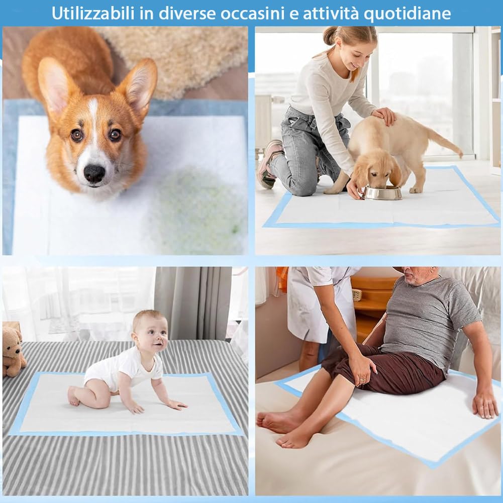 BAKAJI 120 Traversine per Animali Super Assorbenti Blu, Tappetini Extra Large Igienici Anti Perdita per Cani, Gatti, Conigli, Multiuso, Teli per Pipì, Traversina Asciugatura Rapida (60 x 60 cm)