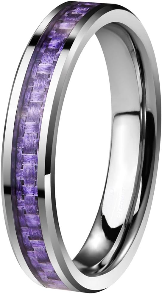 QUEENWISH Womens 4mm Tungsten Carbide Purple/Blue Carbon Fiber Inlay Wedding Bands Ring Comfort Fit Size 4-10 with Ring Box