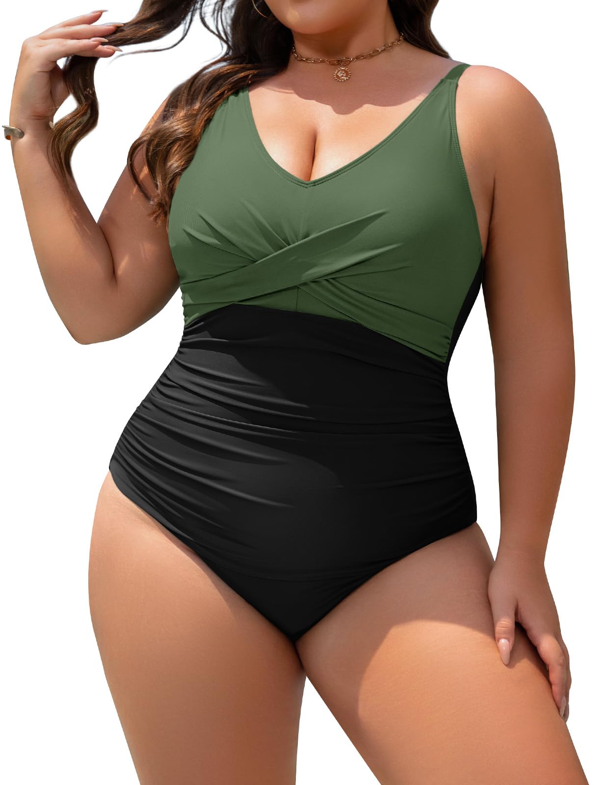UMIPUBO Badeanzug Damen Große Größe Bauchweg Push Up V Ausschnitt Einteiliger Bademode Rüschen Badebekleidung One Piece Swimsuit mit Bügel Swimwear