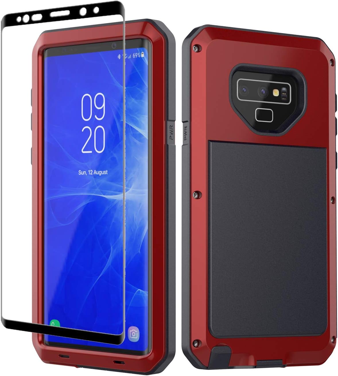 Galaxy Note 9 Case, Note 9 Heavy Duty Shockproof Hybrid Metal and Silicone High Impact Rugged Case and Tempered Glass Screen Protector [Full Screen Coverage] for Samsung Galaxy Note 9 (Red)