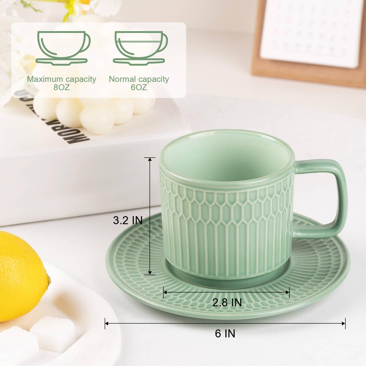 8oz Cappuccino Cups with Saucers Set of 4, 8 Ounce Stackable Embossed Ceramic Coffee Mugs for Specialty Coffee Drinks, Latte Mugs, Cafe Mocha and Tea, Dishwasher & Microwave Safe (Green)