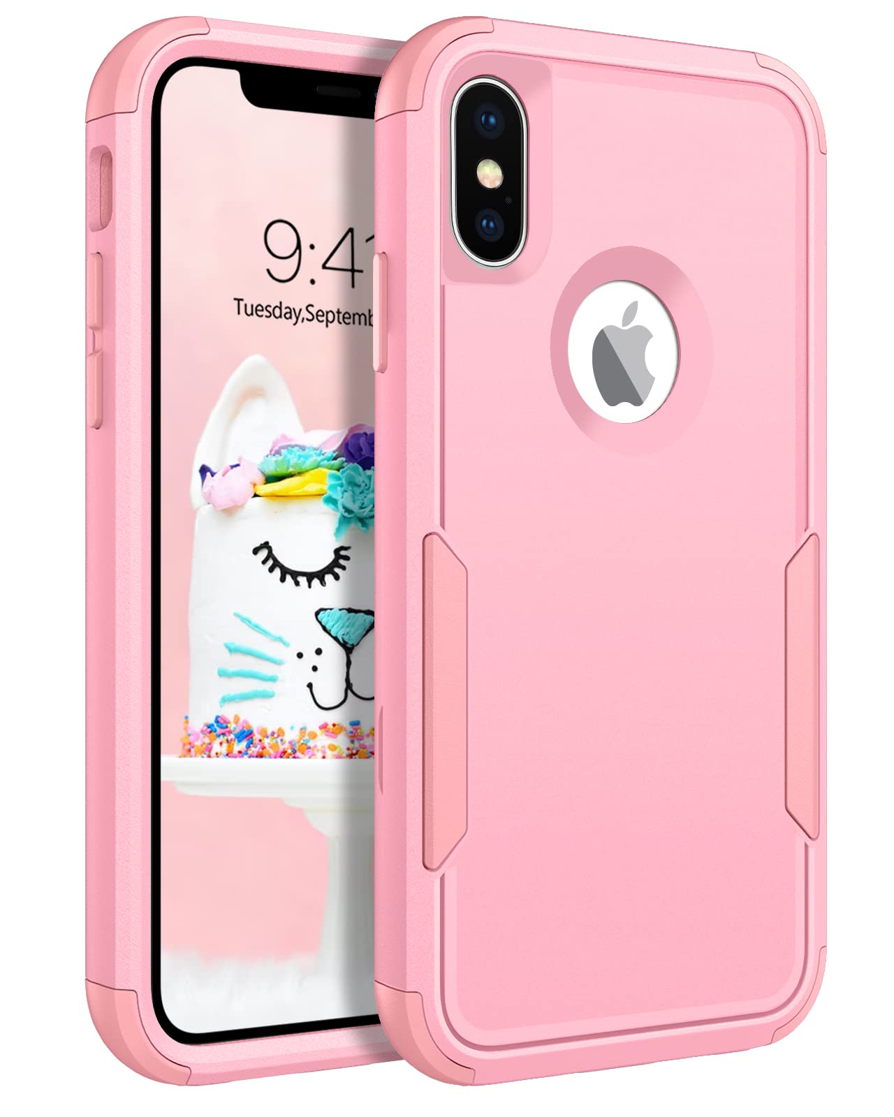 DUEDUE for iPhone X/XS Case 5.8-Inch, 3 in 1 Heavy Duty Rugged Shockproof Hybrid Hard PC, Soft TPU Bumper Drop Protective Cover for Girls Boys Women Men, Pink