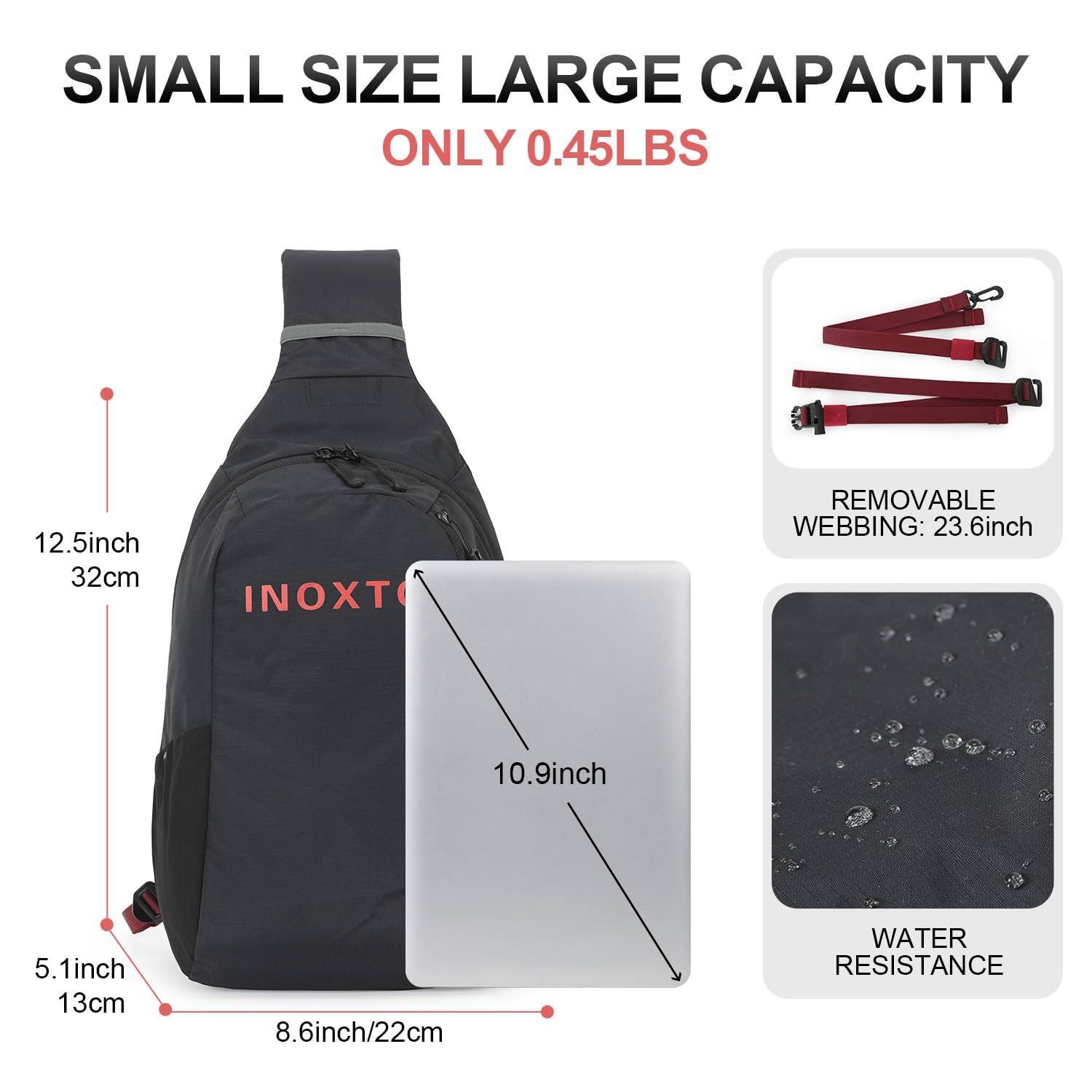 IX INOXTO Crossbody Sling Bag for Men Women,Sling Backpack Shoulder Chest Bag Daypack with 500ML Soft Flask for Hiking Travel (Black With 500ML)