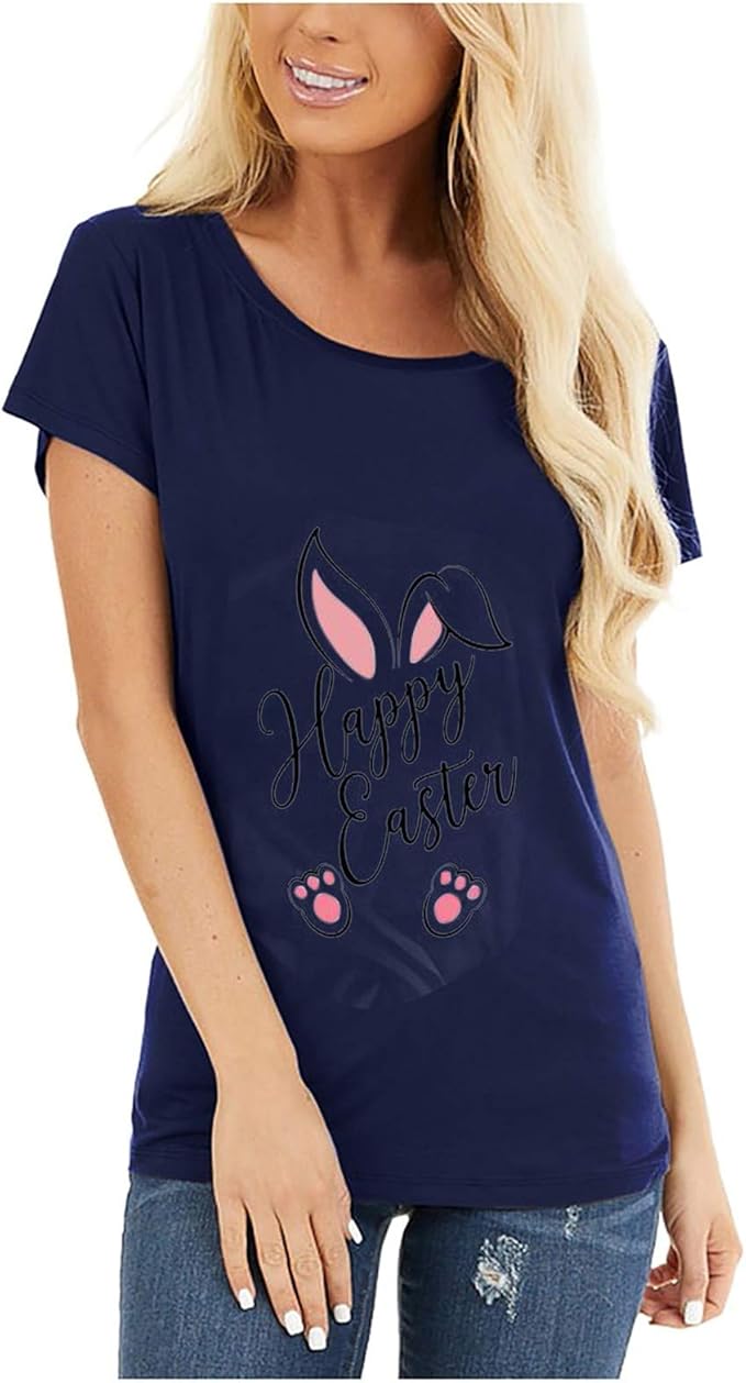 Wocachi 2021 Blouses for Women, Easter Bunny Print Round Neck Solid