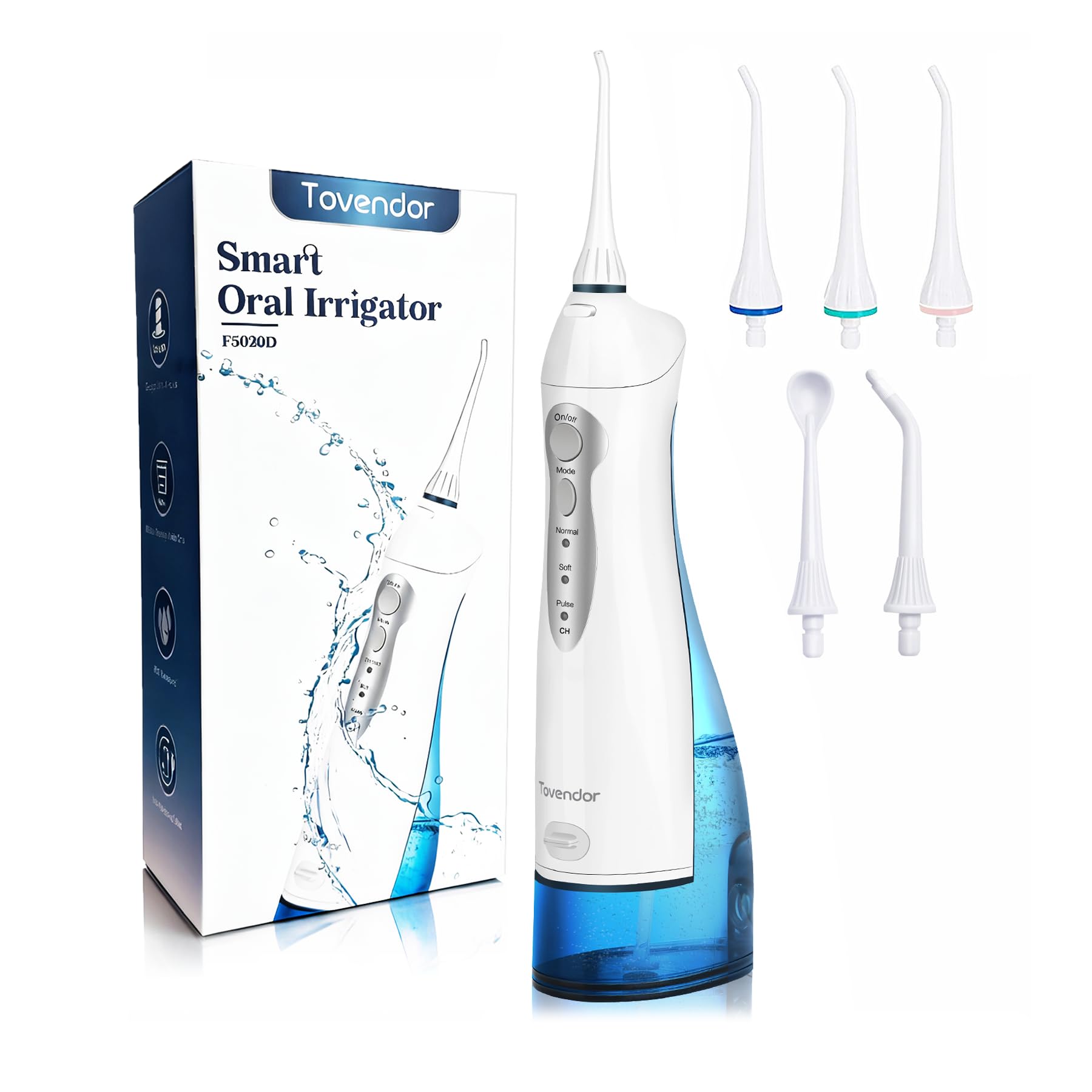 TOVENDOR Electric Water Flosser, Cordless Rechargeable Dental Oral Irrigator IPX7 Waterproof 300ML Travel Water Teeth Cleaner with 5 Tips for Braces Care Teeth Gums Cleaning, Home Office Daily Use