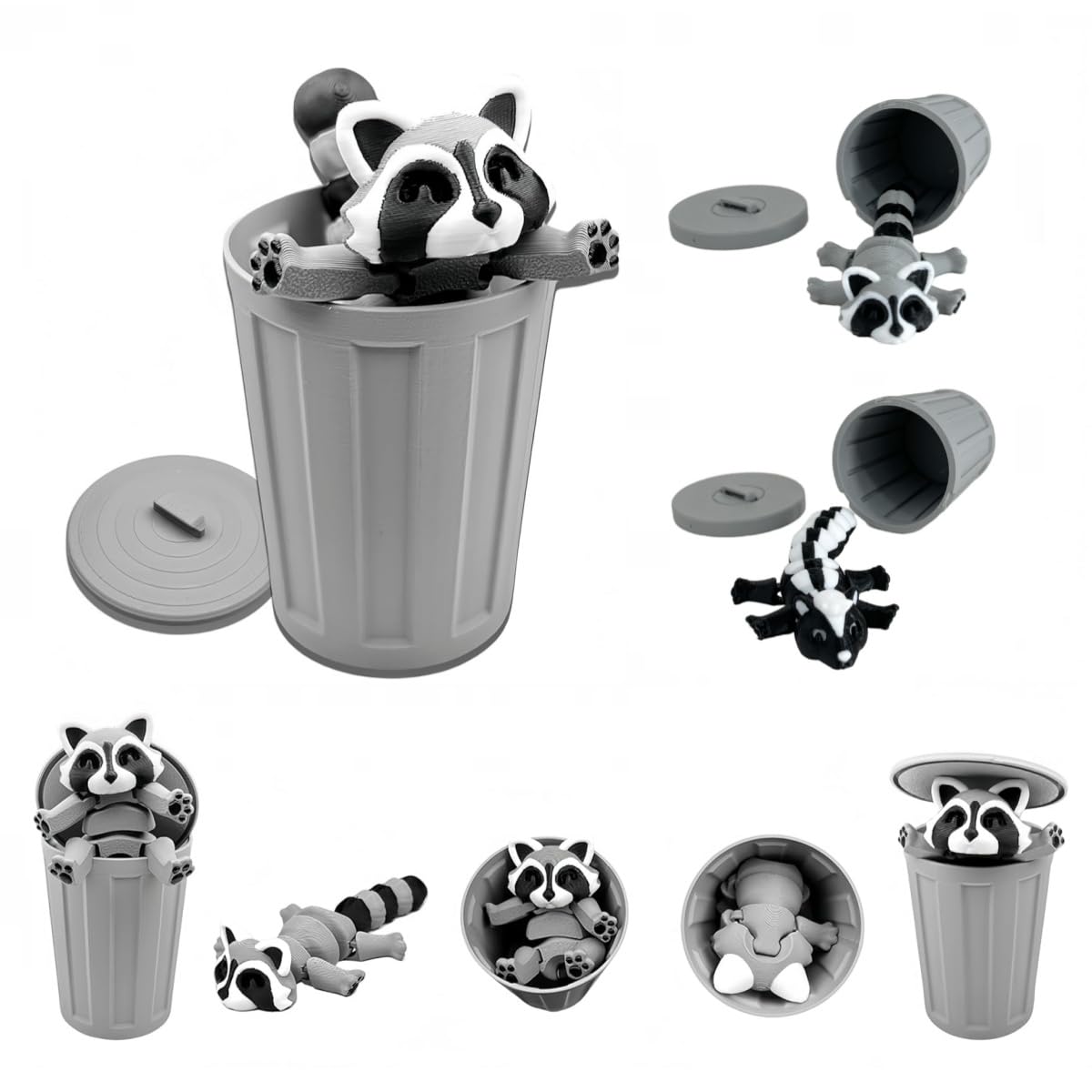 2PCS 3D Printed Raccoon Animals Toys - Articulated Trash Pets with Trash Can, Skunk with Containers, Basket Stuffer, Stocking Stuffer, Party Favor, May Help with ADHD Autism Anxiety Stress Relief
